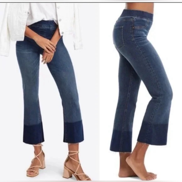 SPANX Denim - SPANX High Rise Dip Dye Colorblock Raw Hem Crop Flare Pull On‎ Jeans Large